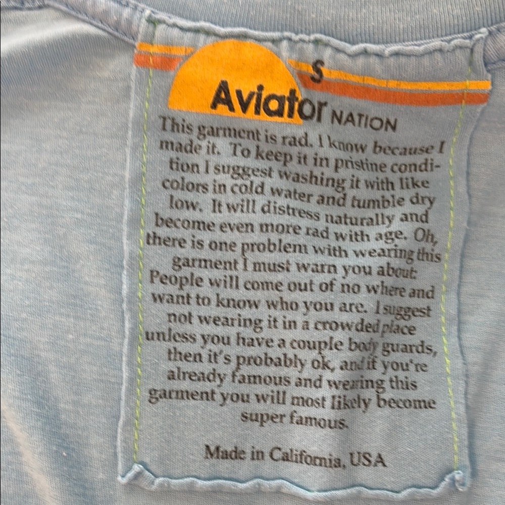 Aviator Nation Pale Blue Tee with Orange Logo Accent